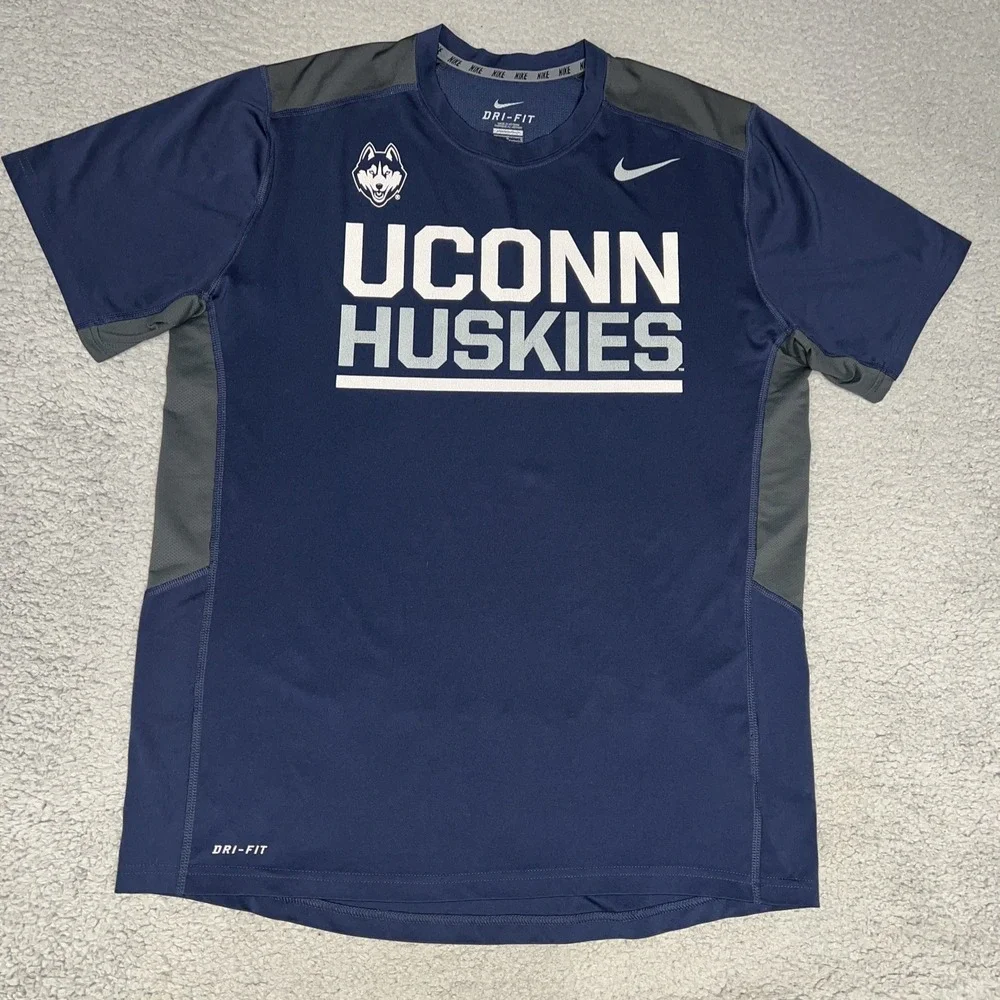 VTG Nike UConn Huskies Jersey‎ Men's Sz L Blue Dri-Fit Performance Shirt Tee Y2K